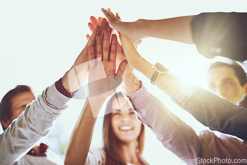 Image of Business people, hands and high five in meeting for winning, success or unity in collaboration outdoors. Group touching hand for team building agreement, victory or solidarity together in nature