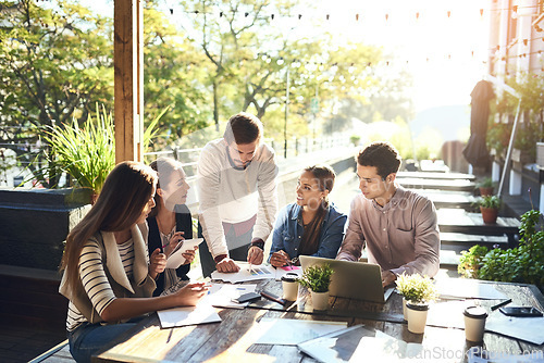 Image of Business people, team and cafe with planning, documents or brainstorming for goal with smile. Men, women and discussion with paperwork, problem solving or strategy for startup teamwork in coffee shop