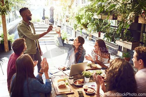 Image of Applause, restaurant and happy business people in lunch meeting for discussion, planning and victory. Cafe, teamwork success and men and women clapping for winning, collaboration and achievement