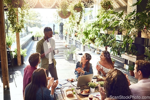 Image of Applause, restaurant and business people cheer on lunch meeting for discussion, planning and profit. Cafe, teamwork success and happy men and women clapping for winning, collaboration and achievement