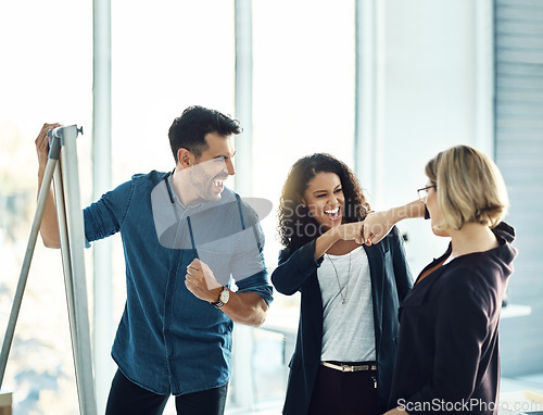 Image of Brainstorming, fist bump and happy business people celebrate success, teamwork achievement or innovation. Whiteboard, winner and excited team, management or group celebration for planning development