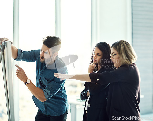 Image of Brainstorming board, gesture and business people planning discussion, research meeting or working on innovation. Teamwork talk, group cooperation and team conversation on strategy, ideas or moodboard