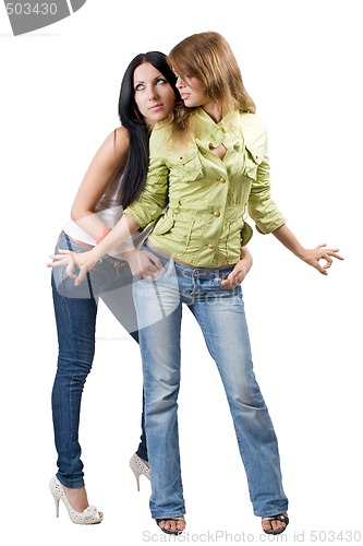 Image of Two playful beauty young women. Isolated on white