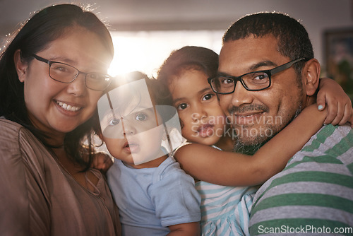 Image of Love, selfie and family hug in happy home for bonding, relax and enjoying quality time for care together in Mexico. Portrait, children and face of mother, father and embrace in living room with smile