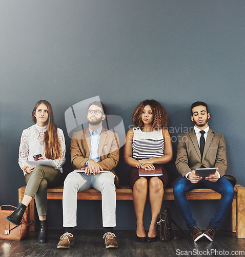 Image of Business people, interview waiting room and recruitment for job while sitting in line. Bored, technology and professional staff with employee diversity and office team for HR hiring on mockup space