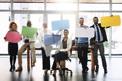 Image of Business people, speech bubble and group portrait for diversity, teamwork or collaboration for opinion, Men, women and poster for social media, vote or review with ideas, smile and mock up in office