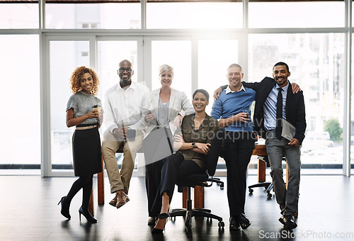 Image of Happy, support and portrait of business people in office for diversity, community and teamwork. Smile, collaboration and solidarity with group of employees for mission, commitment and mindset