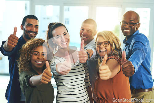 Image of Collaboration, thumbs up and portrait of staff with diversity, like and thank you sign of business people. Office, happiness and success of group with support, teamwork and motivation for company