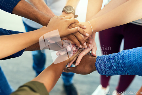 Image of Team, hands together and trust of staff with collaboration, support and community. Diversity, worker friends and group with achievement, solidarity and agreement hand sign for teamwork success