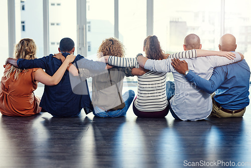 Image of Teamwork, solidarity and hug with back of people for motivation, community and diversity. Support, faith and collaboration with group of friends for trust, gratitude and kindness together