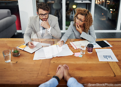 Image of Business, recruitment and planning with employee for collaboration and commitment in a meeting. Professional, interview and discussion for hiring staff with teamwork and hr management at the office.