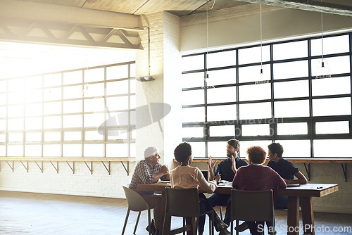 Image of Meeting, strategy and planning with business people in office for project management, idea and brainstorming. Discussion, teamwork and partnership with group of employees for review and startup