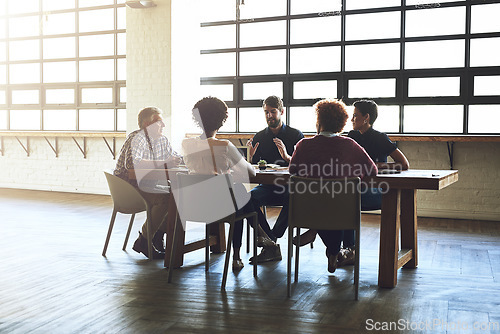 Image of Teamwork, meeting and planning with business people in boardroom for project management, idea and brainstorming. Discussion, commitment and partnership with employees in office for review and startup