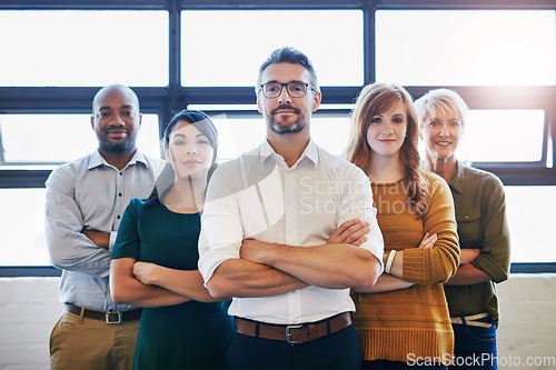 Image of Teamwork, crossed arms and portrait of business people in the office for unity, collaboration or partnership. Professional, diversity and team with success, support and leadership in the workplace.