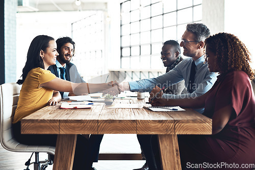 Image of Business people, handshake and staff deal in meeting with agreement and contract collaboration. Partnership, success and b2b work with shaking hands to welcome and show congratulations from teamwork