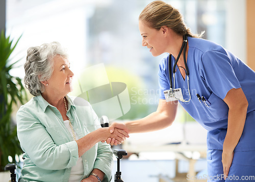 Image of Handshake, nurse and elderly woman in wheelchair with medical results and surgery success news. Hospital, healthcare and clinic with women and nursing staff with care and support of senior person