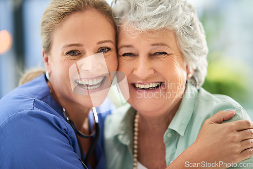 Image of Nurse, senior woman portrait and hug of caregiver and happy smile with support and care in hospital. Nursing home, women face and healthcare help with elderly female patient with love in a clinic