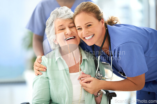 Image of Nurse, senior woman and hug of caregiver and happy smile with support and care in hospital. Wheelchair, women and healthcare employee help with elderly female patient with love in a health clinic