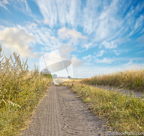 Image of Dirt, road and countryside with travel, green and nature with landscape, destination and outdoor. Blue sky, land and drive way with path through grass, journey and traveling view with environment