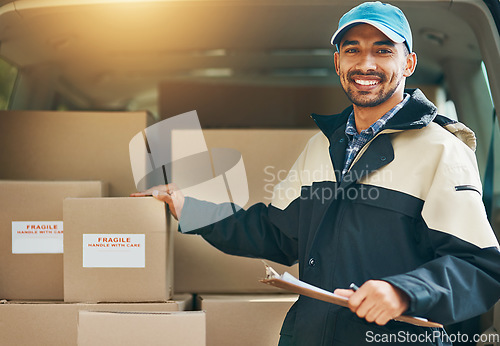 Image of Box, delivery and shipping with portrait of man for courier, logistics and supplier. Ecommerce, export and distribution service with male postman and checklist for mail, package and cargo shipment