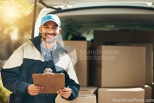 Image of Happy, delivery and checklist with portrait of man for courier, logistics and shipping. Ecommerce, export and distribution service with male postman by van for mail, package and cargo shipment