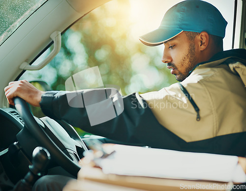 Image of Driving, delivery and box with man in van for courier, logistics and shipping. Ecommerce, export and distribution service with male postman in vehicle for mail, package and cargo shipment