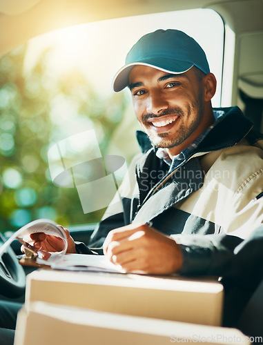 Image of Writing, delivery and portrait of with man in van for courier, logistics and shipping. Ecommerce, export and distribution with male postman in vehicle for mail, package and cargo shipment