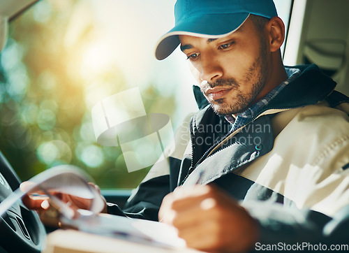 Image of Writing, delivery and checklist with man in van for courier, logistics and shipping. Ecommerce, export and distribution with male postman in vehicle for mail, package and cargo shipment