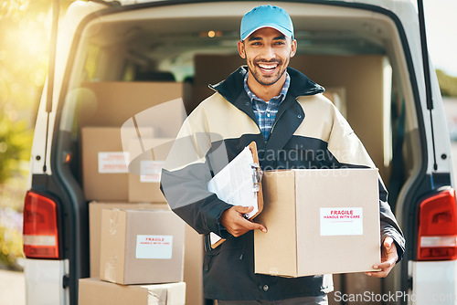 Image of Portrait, delivery and checklist with man and box for courier, logistics and shipping service. Ecommerce, export and freight distribution with postman in vehicle for mail, package and cargo shipment