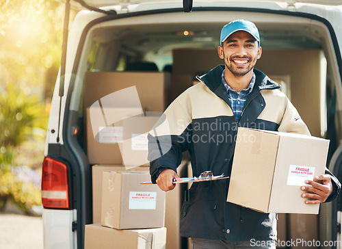 Image of Smile, delivery and box with portrait of man at van for courier, logistics and shipping. Ecommerce, export and distribution with male postman in vehicle for mail, package and cargo shipment