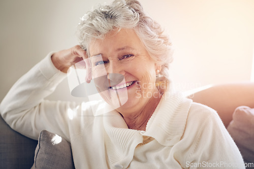 Image of Relax, smile and portrait of old woman on sofa for free time, happiness and weekend. Retirement, happy and mindset with senior person in living room at home for elderly, positive and carefree