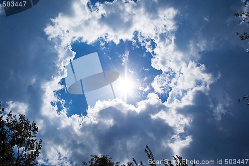 Image of sky background. sun, clouds and trees background