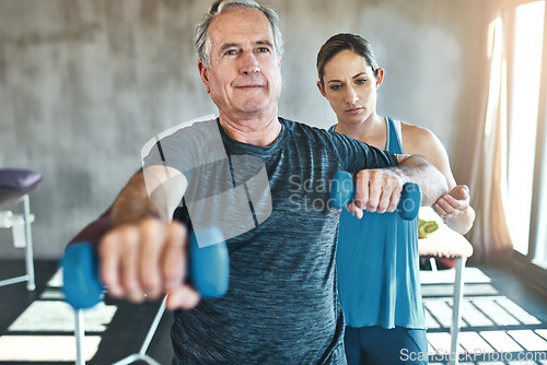 Image of Physical therapy, dumbbell and support with old man and personal trainer for fitness, health and physiotherapy. Training, weightlifting and coaching with senior patient and physiotherapist for help
