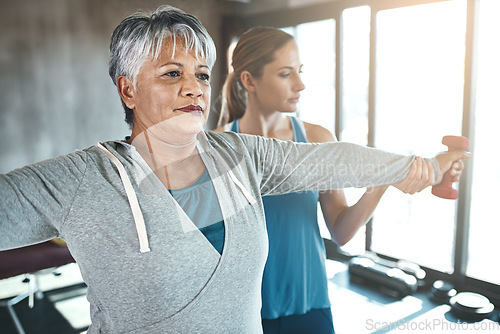 Image of Dumbbell, physiotherapy and old woman with personal trainer for fitness, wellness or rehabilitation. Health, workout or retirement with senior patient and physiotherapist in gym for support training