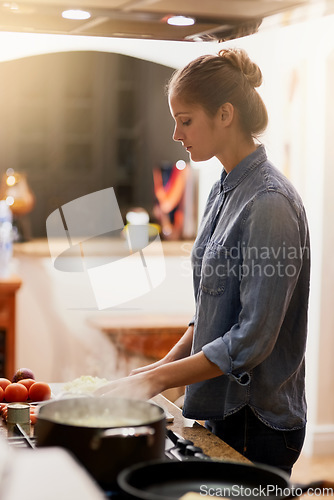 Image of Cooking, kitchen and female chef with pans for lunch, dinner or supper in a modern house. Diet, wellness and closeup of a woman preparing a healthy meal with food in a pot on a stove at her home.