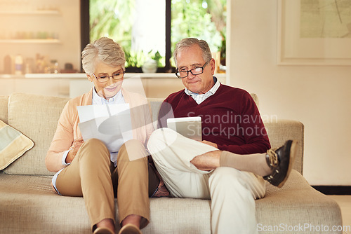 Image of Finance, insurance and accounting with an old couple in their home for retirement or pension planning. Budget, money or investment with a senior man and woman in their house for financial strategy