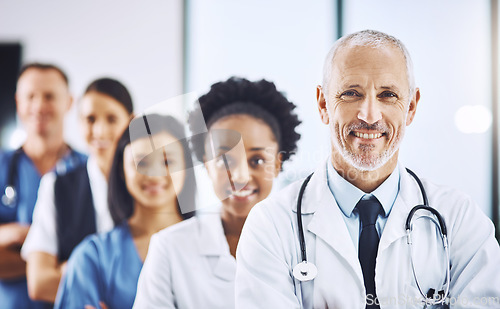 Image of Smile, team and portrait of senior doctor with nurses in hospital, leadership and teamwork in healthcare. Health, diversity and confident doctors in group and happy medical employees in row together.