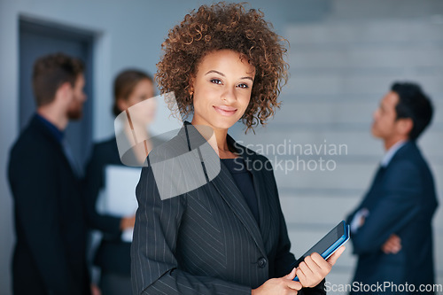 Image of Business, portrait and woman with digital tablet in office for meeting, planning or briefing with team. Face, leader and African lady person online for schedule, management and proposal, plan or goal