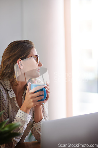 Image of Coffee, thinking and woman in home office with laptop, daydreaming and enjoy peaceful remote work break. Freelance, relax and female person with tea while working online on proposal plan or project