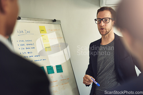 Image of Web design, manager with team, man and a whiteboard planning in a business meeting in modern office or startup together. Teamwork or collaboration, developer group or ideas and colleagues in workshop