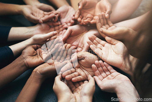 Image of People, hands and team with circle palm for growing in a start up in a community with trust. Group, diversity and hand for a contribution in business for growth and concept of protection and care.