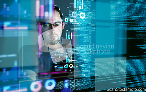 Image of Focus, programming man with hologram, code and futuristic with cyber security, digital software and big data. Male person, cloud computing or employee with concentration, holographic and programmer