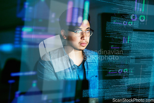 Image of Night, code and hologram with man in office for programming, future and software development. Big data, networking and technology with male developer for cloud computing, programmer and coding