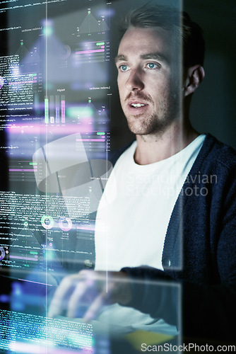 Image of Focus, man and programmer with hologram, cyber security and futuristic with digital software, research and data analytics. Male person, employee and consultant typing, holographic and programming