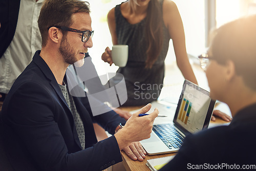 Image of Laptop screen, graphs and business people in meeting for data analysis, financial report and company growth or revenue. Increase, accounting stats or finance of accountant man and clients on computer