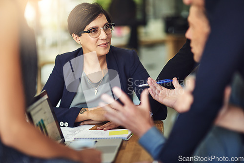 Image of Woman, group and staff in a meeting, brainstorming and budget planning for growth, finance and investment. Female person, coworkers or team with profit growth, boardroom or trading with collaboration