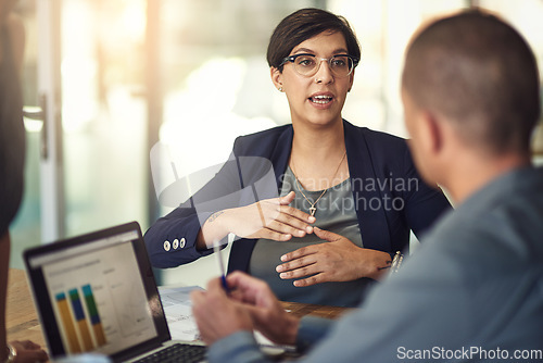 Image of Computer screen, graphs and business woman for data analysis meeting, financial report or b2b advice for revenue. Increase, accounting stats or finance sales of accountant people or clients on laptop