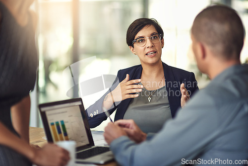 Image of Laptop screen, graphs and business woman for data analysis meeting, financial report or b2b advice for revenue. Increase, accounting stats or finance sales of accountant people or clients on computer