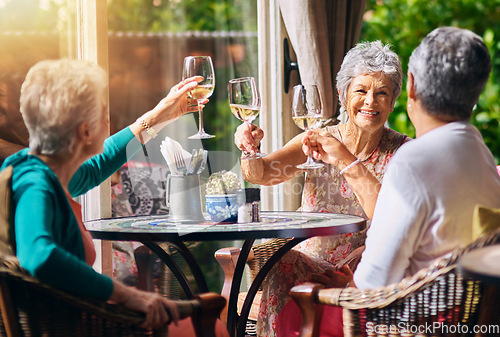Image of Cheers, champagne and senior women or friends in retirement, reunion or social celebration, success and happy. Wine glasses, celebrate and elderly people or customer toast, restaurant and hospitality