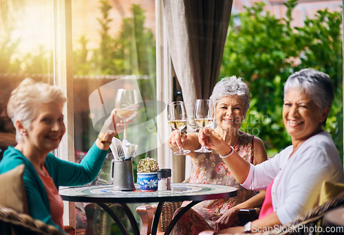 Image of Toast, wine and portrait of senior women or friends in retirement, reunion or social celebration, success and happy. Champagne glasses, celebrate and elderly people cheers, restaurant and hospitality